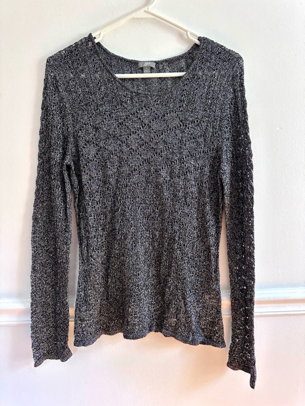 J. Jill Open Knit Long Sleeve Gray Top Large Summer Coastal Casual